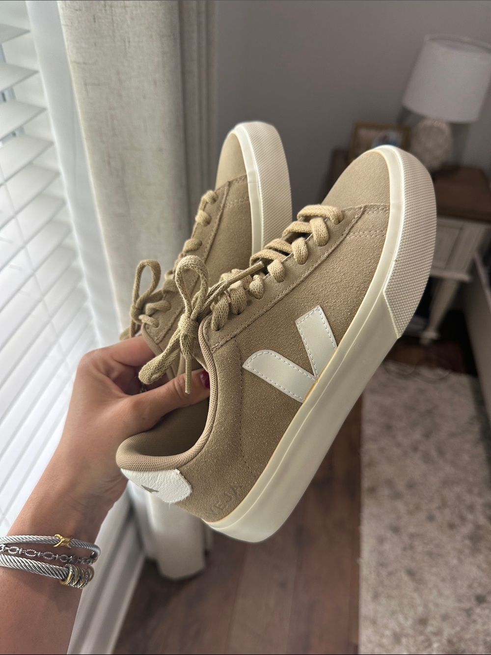 Veja Beige Suede Sneakers with White V Accent